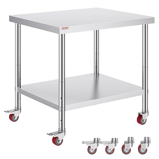 Vevor 30x36x34 Inch Stainless Steel Work Table 3-Stage Adjustable Shelf with 4 Wheels Heavy Duty Commercial Food Prep Worktable with Brake for Kitchen Prep Work : Everything Else
