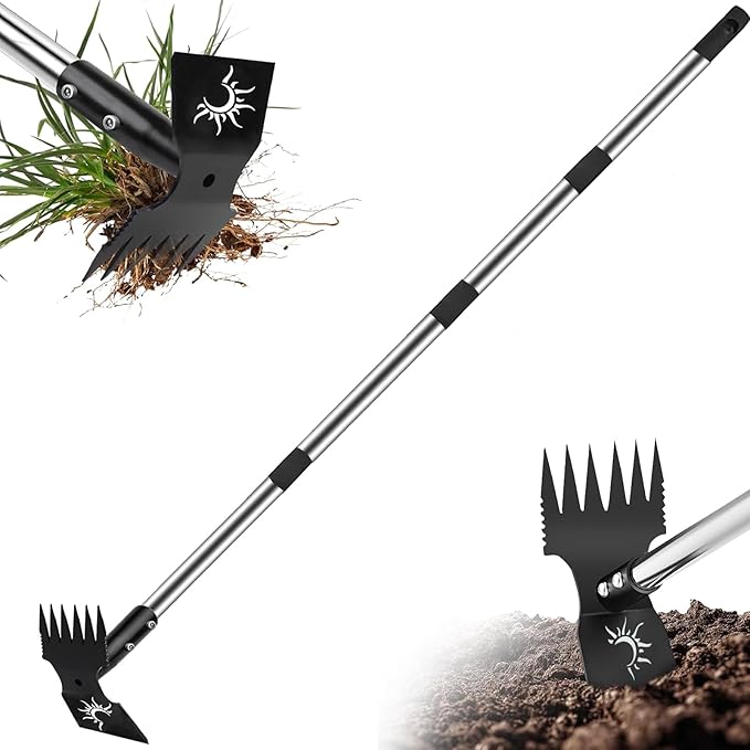 Weed Puller Tool with Long Handle, 60inch Manual Weed Puller Tool, Stainless Steel 2 in 1 Hand Weed Rake,Heavy Duty Garden Hoe for Gardening, Uprooting Weeder Remover for Patio, Lawn, Yard