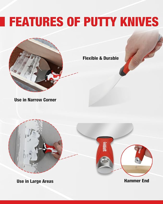 Goldblatt Drywall Hand Tool Kit - 14 in 1, 6 Pieces Stainless Steel Joint Knife, Taping Knives, Paniter Scraper, Mud Pan