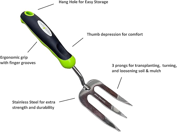 Garden Guru Stainless Steel Hand Weeder Fork Tool – Rust Resistant Stainless Steel – Ergonomic Handle – Great for Planting, Spreading Mulch, Weeding, Loosening & Transplanting Soil (2 Pack)