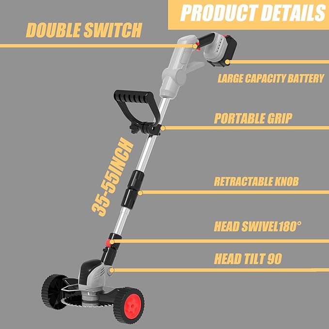Weed Wacker Cordless Battery Powered Electric Weed Trimmer with 2X 21V/4.0Ah Battery Operated & Wheels 3 Types Blades, 3 in 1 Stringless Grass Trimmer/Edger/Brush Cutter for Garden Yard Lawn(Gray)