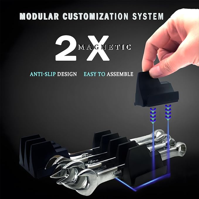 12 PC Magnetic Tool Organizer for Wrenches - Wrench Holders Organizers Set with Secure Rack Design - Toolbox Organization System for Workshop & Garage Use (Black)