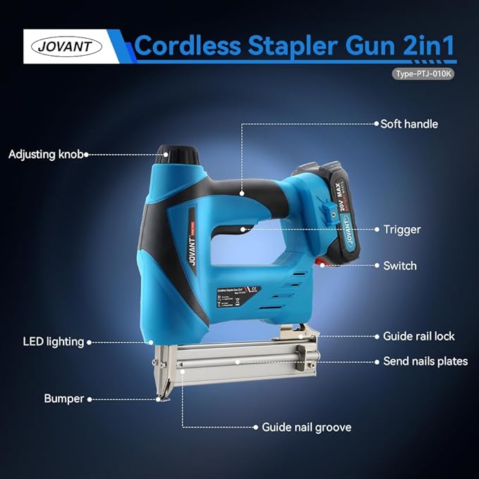2 in 1 Nail Gun Battery Powered, 20V Cordless Nail Gun,400pcs Nails, 400pcs Staples, 2 * 2.0Ah Li-Ion Batteries and Charger, Brad Nailer for Home Improvement & DIY