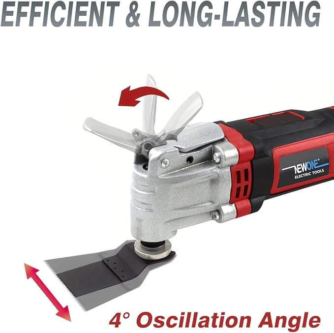NEWONE Oscillating Tool 4 Amp Oscillating Multi-Tool Kit with 4° Oscillation Angle,6 Variable Speed with 5-piece Electric Multitool Blades (Red Black)