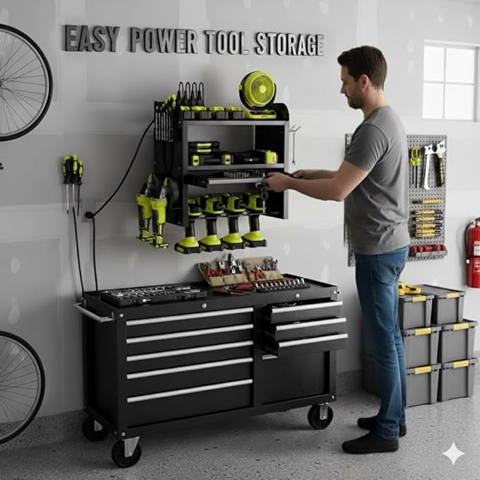 KSVO Power Tool Organizer Wall Mount with Drill Rack & Locking Drawers - Heavy Duty Metal Tool Shelf for Garage, Workshop, Shed, Basement Tool Organization - Gift for Men/Father (Black)