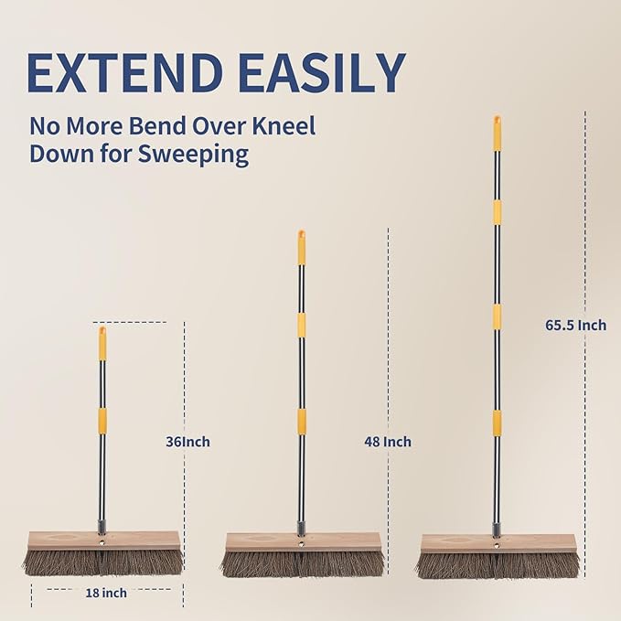 18" Push Broom Outdoor Heavy Duty - 65" Long Handle Large Wide Shop Broom, Commercial Stiff Palmyra Bristle Outside Broom Brush for Sweeping Concrete Floor, Garage, Patio, Shop, Yard, Lawn