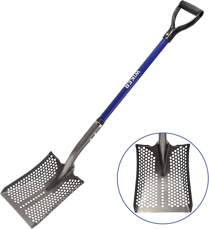 WIKER 45in Sand Sifting Shovel with Blue Fiberglass Handle - Heavy Duty Rock/Garden Sifter for Chicken Coop, Soil Screening, Gardening