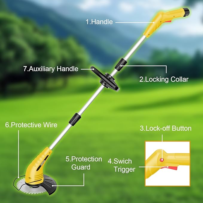 Electric Weed Wacker: Grass String Trimmer with 12V 2.0Ah Batteries & Fast Charger - Cordless Lightweight Cutter/Edger/Mower with 2 Types Blades for Garden Yard Lawn, Yellow