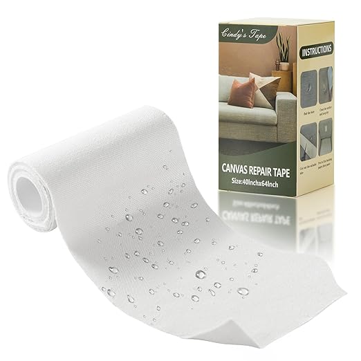 Canvas Repair Tape, 4×63 Inches White Waterproof Self-Adhesive Patch for Outdoor Gear, Durable and Weatherproof Fabric Tape for Boat Covers, Couch, Tents, Sofas, Sun Shades, Awnings, and Lounge Chairs