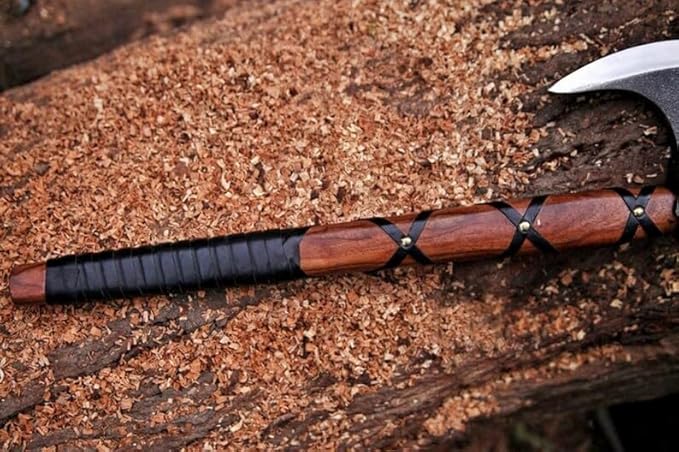 Viking Axe | Hand-Forged Carbon Steel Tomahawk with Rosewood Handle & Leather Sheath, Bearded Axe for Camping, Bushcraft, Throwing, Gifts for Men (Brown)
