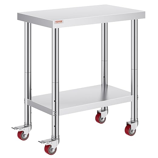 Mophorn 30x18x34 Inch Stainless Steel Work Table 3-Stage Adjustable Shelf with 4 Wheels Heavy Duty Commercial Food Prep Worktable with Brake for Kitchen Prep Work