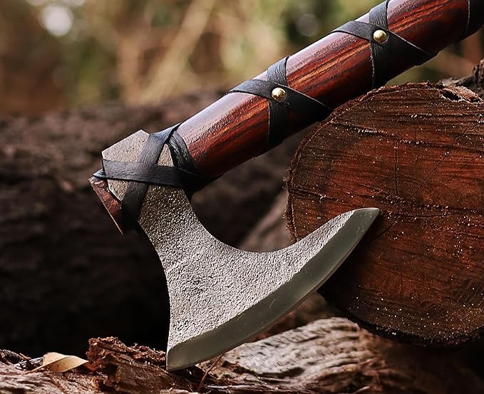 Viking Axe | Hand-Forged Carbon Steel Tomahawk with Rosewood Handle & Leather Sheath, Bearded Axe for Camping, Bushcraft, Throwing, Gifts for Men (Brown)