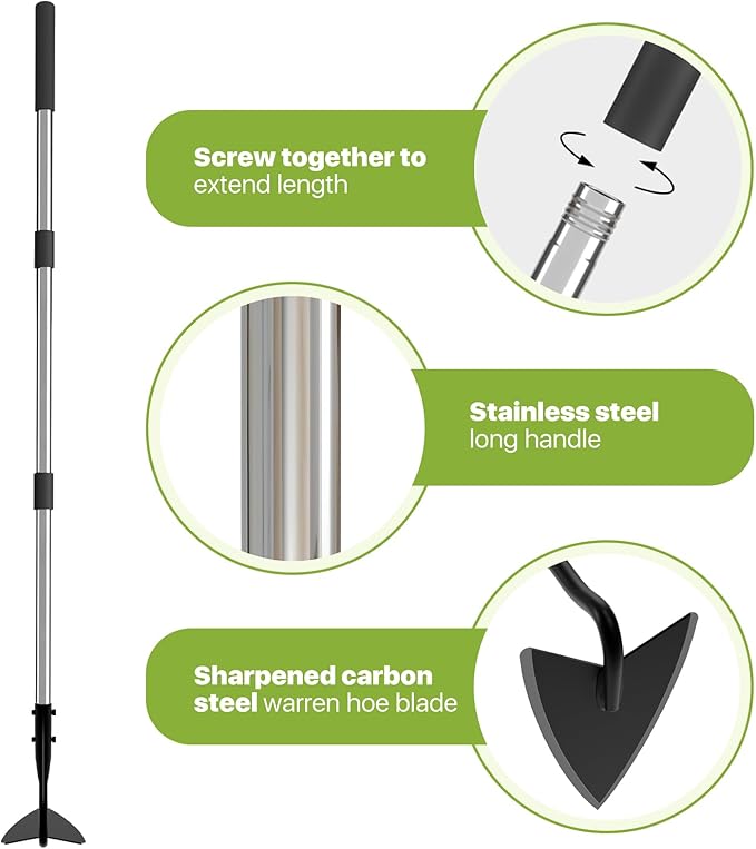 Warren Hoe Garden Tool, Heavy Duty Garden Hoes for Weeding Long Handle, Easy Stand Up Triangle Weeder Tool for Garden, 35-66 inch Adjustable Gardening Hoe for Weed, Trench, Loosen Soil, Landscape