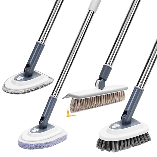 Long Handled Scrub Brush for Shower, 4 in 1 Tile Shower Cleaner Brush with Adjustable Long Handle Floor Scrub Brush for Cleaning Bathroom/Shower/Tub/Tile/Kitchen/Glass/Wall