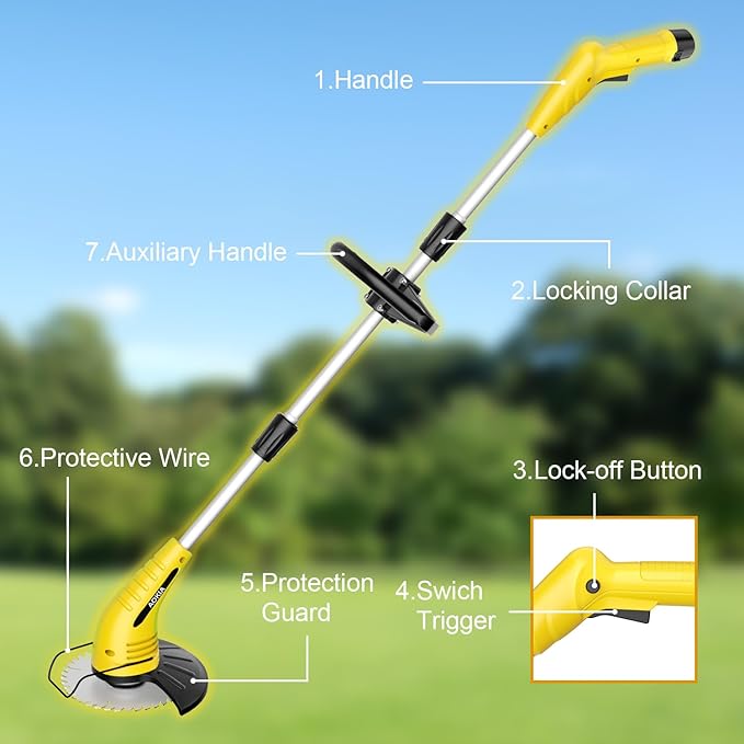 Aokia Cordless Weed Wacker:String Trimmer with 12V Battery Operated - Lightweight Lawn Trimmer, Electric Grass Trimmer Edger with 2 Blades and Extension Rod for Lawn Yard, Yellow