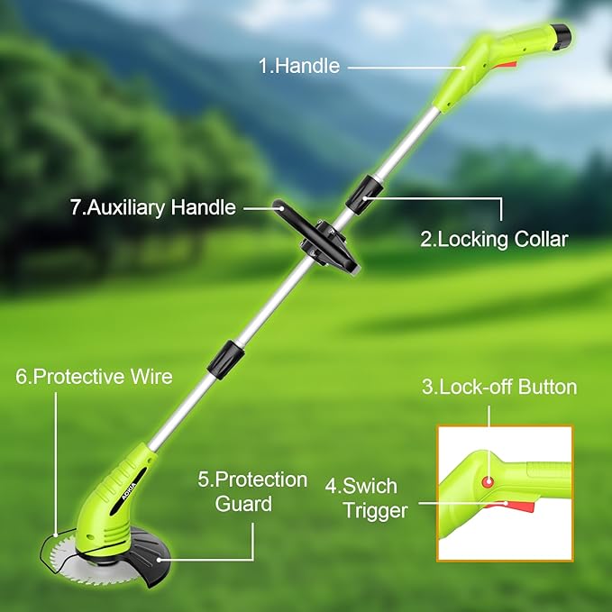 Electric Weed Wacker: Grass String Trimmer with 12V 2.0Ah Batteries & Fast Charger - Cordless Lightweight Cutter/Edger/Mower with 2 Types Blades for Garden Yard Lawn, Green