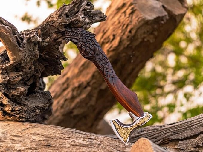 Qepaa Crafts® Viking Axe – 20" Fenrir Carved Norse Hatchet | Hand-Forged High Carbon Steel Axe with Ashwood Handle & Leather Sheath (LHA)