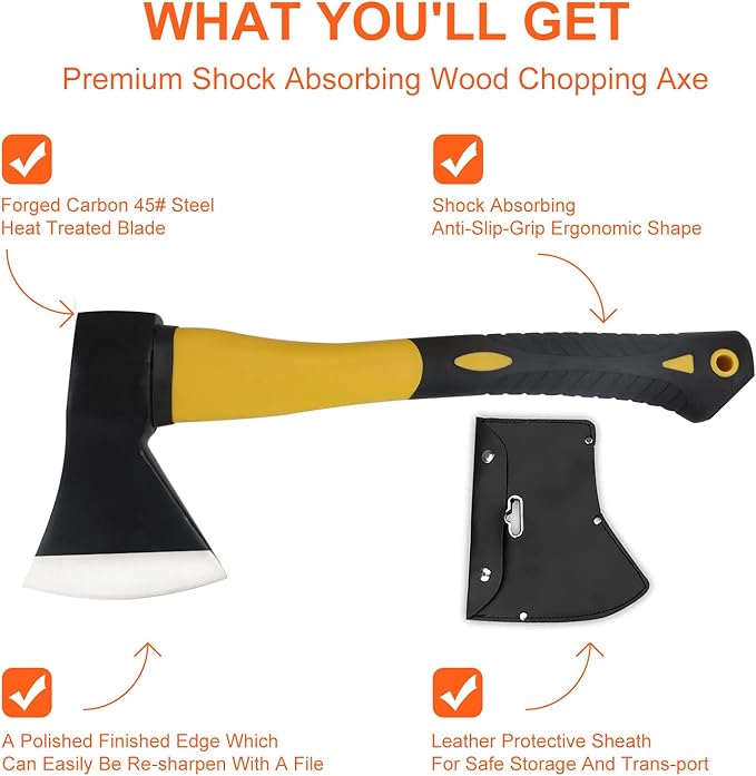 Wood Axe With Sheath - Camping Hatchet for Chopping and Splitting, Outdoor Bushcraft Tool for Hiking, Gardening, Throwing - Anti-Slip Handle (Yellow)