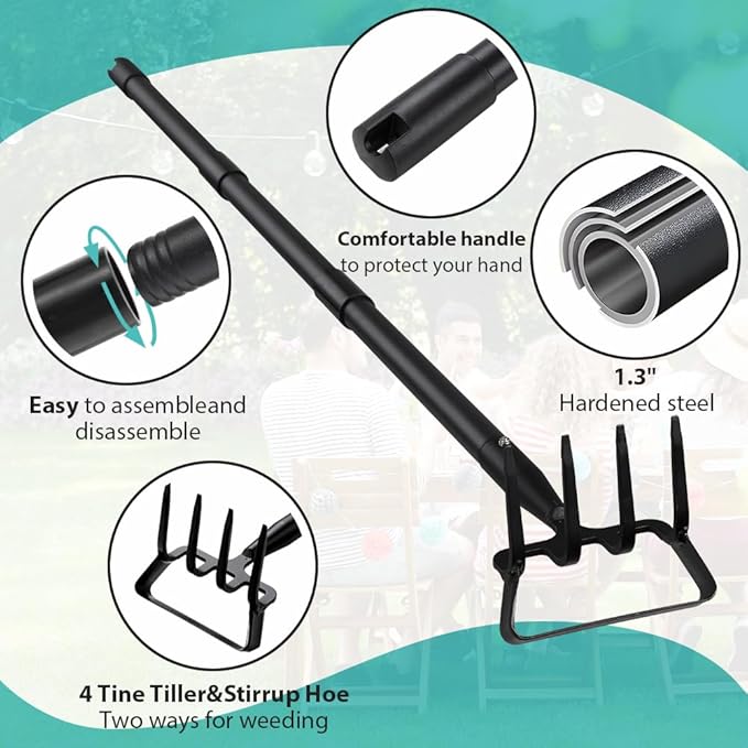 Upgraded Hula Hoe and Garden Hoe, Stirrup Hoe with Adjustable Handle for Weeding Digger loosening Soil Metal Garden Cultivator Hula Hoe with Rake Tiller Cultivator (30-62 Inch)