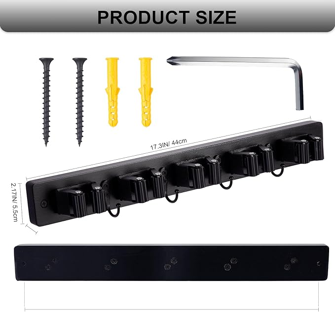 Broom Holder Wall Mount With 5 Slots & 4 Hooks,Rustic Wood Broom & Mop Hanger,Wall Mounted Garden & Garage Tool Storage Organizer Rack for Closet Laundry Room or Kitchen Wall Decor Black