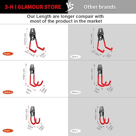 3-H Garage Wall Hooks 10 Pack, Heavy Duty Garage Hooks with Extra Welding Spots, Wall Mount Storage Organizer for Hanging Garden Lawn Tools, Chair, Shovel, Blower, Toolkit (Red)