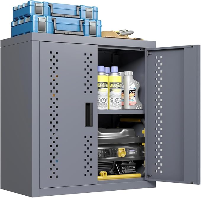 Metal Garage Storage Cabinet Industrial Style Tool Cabinets with 2 Doors and Adjustable Shelf Wall Mounted Steel Hanging Cabinet for Warehouse Basement Kitchen Laundry - Assembly Required