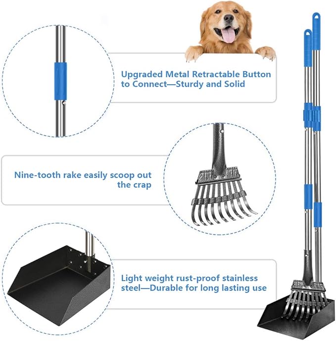 QiMH Upgraded Dog Pooper Scooper Extra Large, Adjustable Long Handle Stainless Metal Pet Poop Tray and Rake Set for Large Medium Small Dogs, Dog Waste Removal Bin Rake, Great for Grass, Street, Gravel