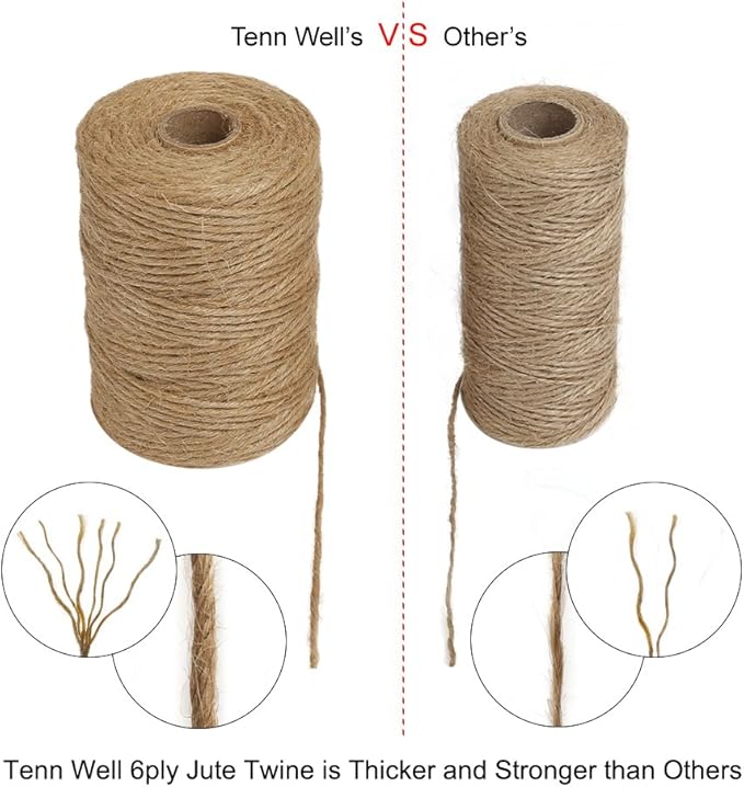 Tenn Well 656 Feet 2.32mm Natural Jute Twine for Gift Wrapping, DIY Crafts, Gardening (2pcs x 328 Feet)