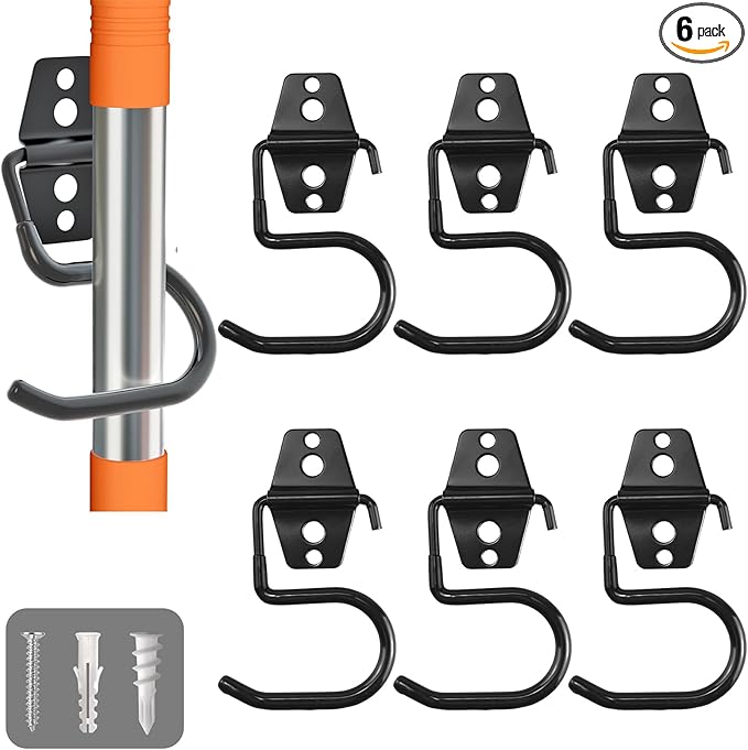 LIGHT DUST Broom Holder Wall Mount - 6 Pack Tool Hangers Garage Wall Hanging Organizer - Heavy Duty Metal Large S Hooks for Mop Shovel Rake Shed Garden Lawn Yard Handle Tools Organization (Black)