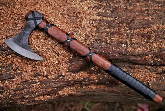 Viking Axe | Hand-Forged Carbon Steel Tomahawk with Rosewood Handle & Leather Sheath, Bearded Axe for Camping, Bushcraft, Throwing, Gifts for Men (Brown)