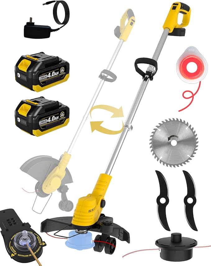2-Pack 20000 RPM Electric Weed Wacker, Each with 1×4.0Ah Batterry,Dual-Durable-Line,Metal Blades,Wheel,4-in-1 Battery Powered Weed Eater Cordless+String Trimmer+Edger Lawn Tool+Brush Cutter