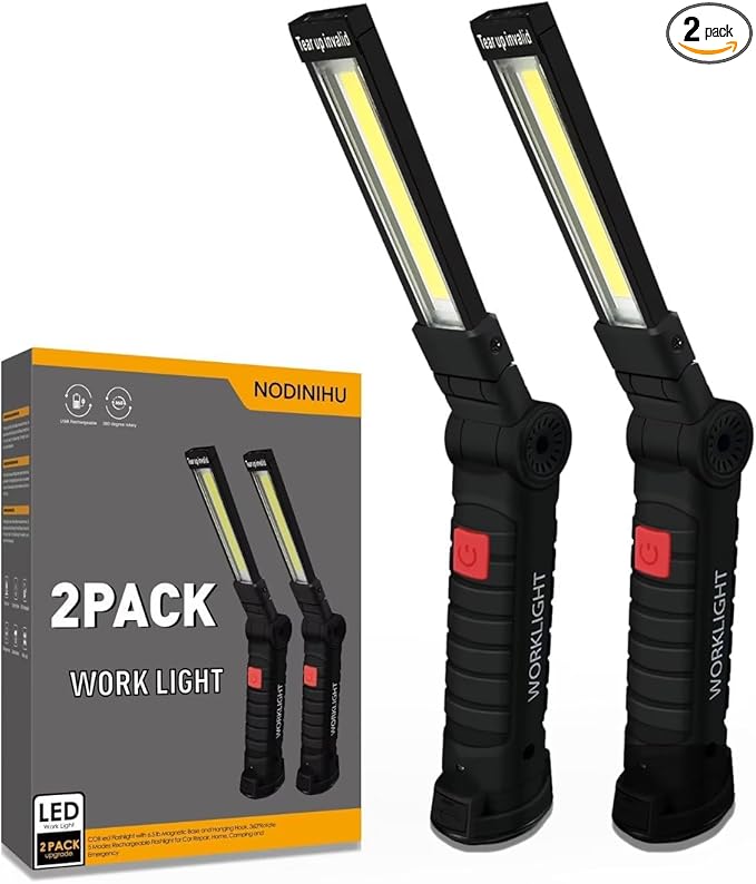 Working Light Portable, Rechargeable Work Lights with Magnetic Base Hanging Hook,360° Rotate 5 Modes,COB LED 800 Lumens Foldable Inspection Light for Car Repair, Grill and Outdoor Use(2pack)
