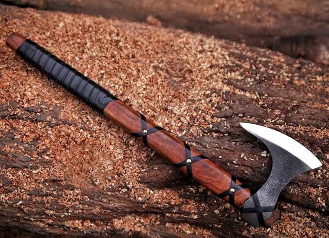 Viking Axe | Hand-Forged Carbon Steel Tomahawk with Rosewood Handle & Leather Sheath, Bearded Axe for Camping, Bushcraft, Throwing, Gifts for Men (Brown)