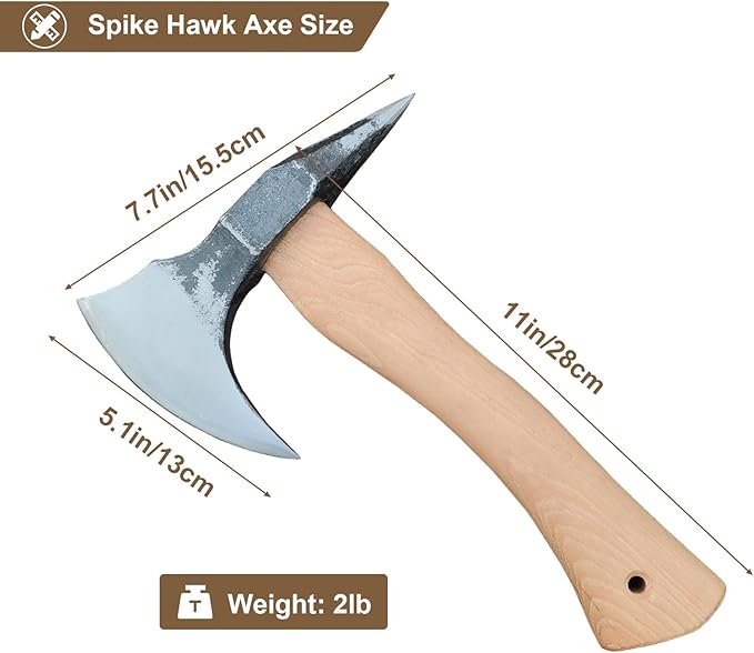 Hatchet Axe Spike Hawk, 11" Forged Carbon Steel Chopping Axe for Wood Splitting, Kindling, Outdoor Camping