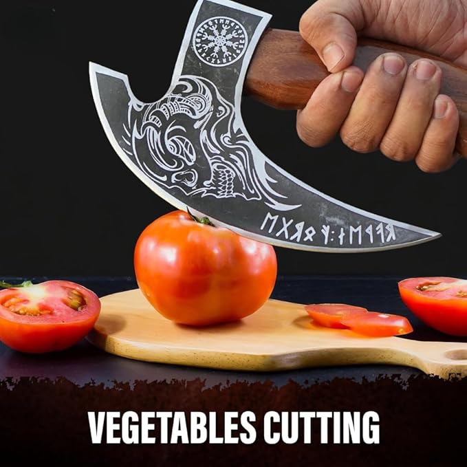 Multipurpose Viking Pizza Axe with Sheath, Viking Butcher Axes, Cutter - Burned Wood Handle & Heavy Duty Skull Head - Perfect for Cutting Pizza, Meat, Vegetables(Skull)