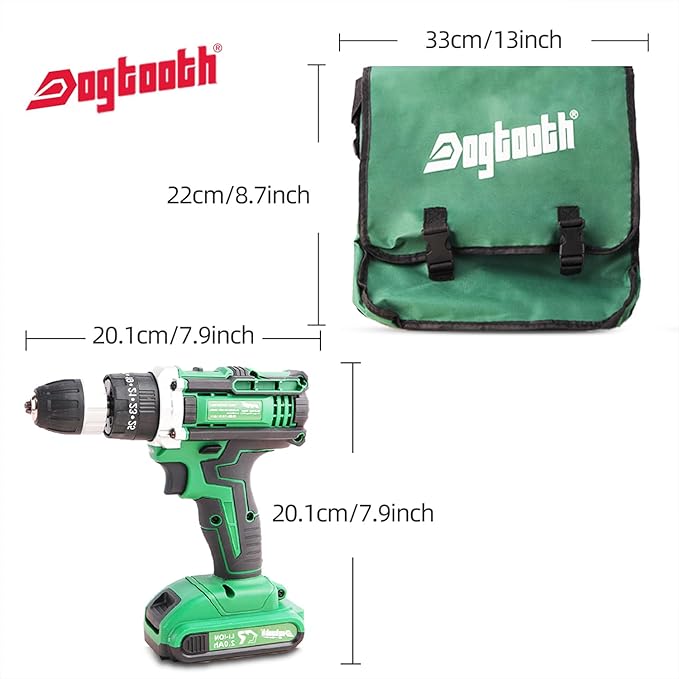 DOGTOOTH 21V MAX Cordless Battery Powered Drill Driver, 1* Battery and Charger, 2 Variable Speed, Build-in LED Lights, 23 Bits Storage Kit - Green