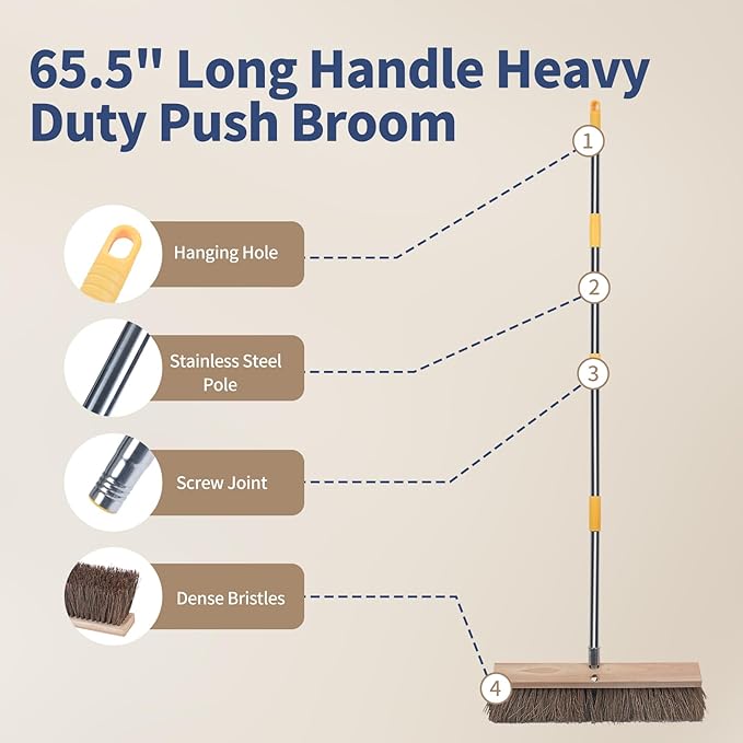 18" Push Broom Outdoor Heavy Duty - 65" Long Handle Large Wide Shop Broom, Commercial Stiff Palmyra Bristle Outside Broom Brush for Sweeping Concrete Floor, Garage, Patio, Shop, Yard, Lawn