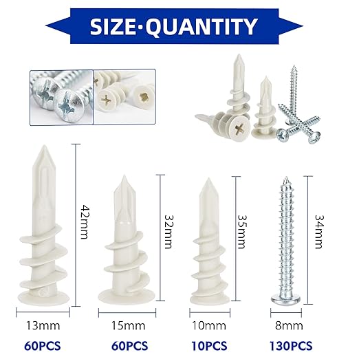 260 PCS Self Drilling Drywall Anchors, 3 Sizes Nylon Plastic Wall Anchors with Screws for Drywall, No Pre Drill Hole Preparation Required, 10x35mm, 13x42mm, 15x32mm