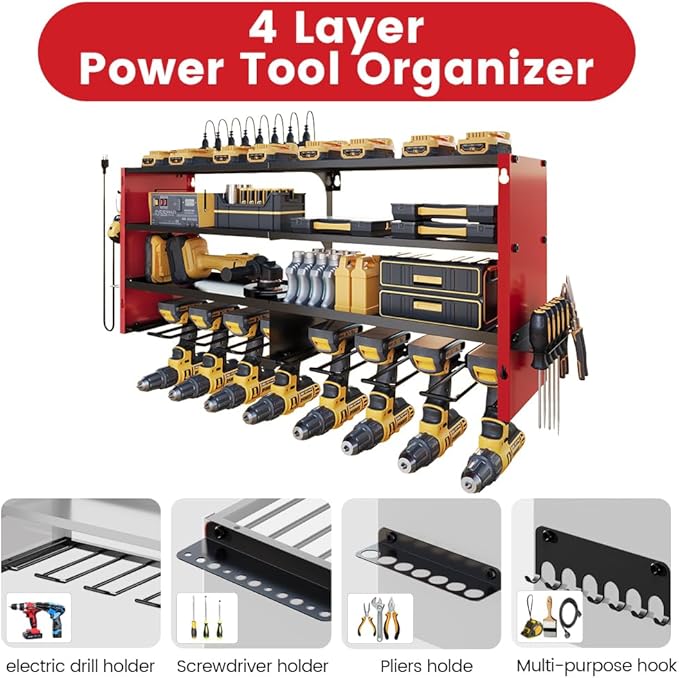 4 Layers Power Tool Organizer Wall Mount with Power Strip, Heavy Duty Metal Tool Shelf, 400lbs Capacity for Cordless Drills, Batteries & Garage Storage (8 Slots with 8 Outlets Power Strip)