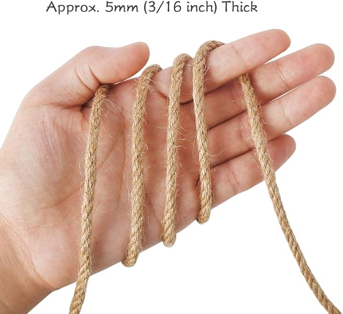Tenn Well 5mm Jute Rope, 100 Feet 4Ply Twisted Heavy Duty and Thick Twine Rope for Gardening, Crafting, Bundling, Cat Scratching Post, Home Decor, Christmas Decorations