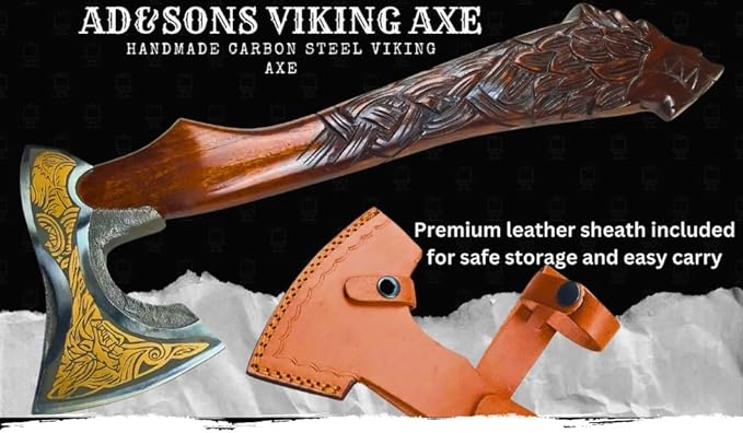 Qepaa Crafts® Viking Axe – 20" Fenrir Carved Norse Hatchet | Hand-Forged High Carbon Steel Axe with Ashwood Handle & Leather Sheath (LHA)