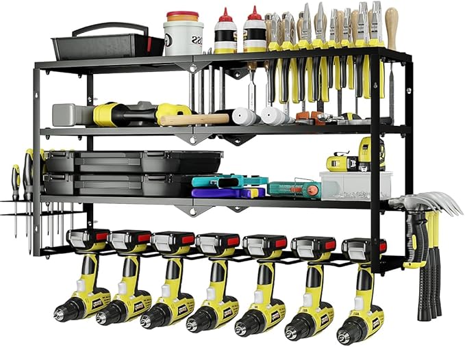 AZERPIAN Tool Organizer Heavy Duty Power Wall Mount for Drill and Cordless Tools Heavy Duty Rack for Garage Organization Workshop Pegboard (3 Layers 7 Slots)