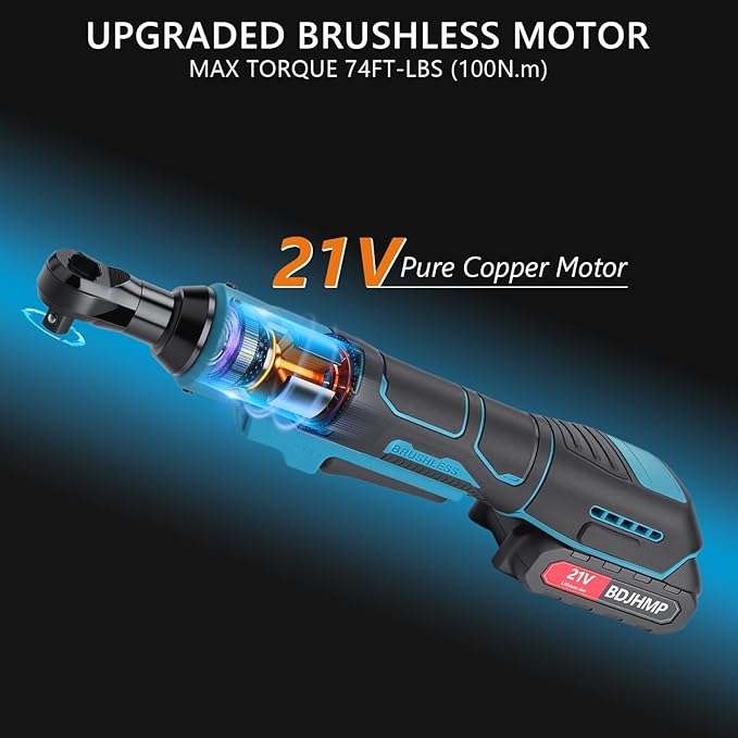 3/8'' Cordless Ratchet Wrench, 74FT-LBS (100N.m) Electric Ratchet with 21V 2 X 2.0Ah Battery, 400 RPM Chargeable Power Ratchet Driver Set with 8 Sockets,1/4 Adaptor, 3" Extension Bar,Brushless Motor