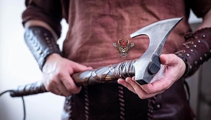 Forest Hunting| Viking Axe Real Battle self Defense Weapons War Hatchet Medieval Axes Costume for Men Camping ax 27'' Ashwood Handle and 3.5lbs Leather Sheath Viking Gifts Men (Ragnar Lothbrok Axe)