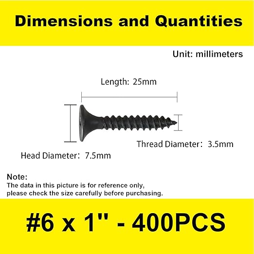 400 pcs Wood Screws, Drywall Screws, Cabinet Screws, Coarse Tooth Drywall Screws, Phillips Flat Head Self-Tapping Screws for Various Woodworking Repairs and DIY Projects #6 x 1''(25 mm)