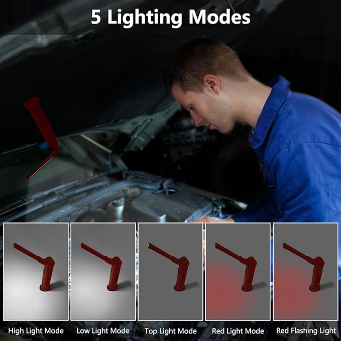 Working Light Portable, Rechargeable Work Lights with Magnetic Base Hanging Hook,360° Rotate 5 Modes,COB LED 800 Lumens Foldable Inspection Light for Car Repair, Grill and Outdoor Use(2pack)