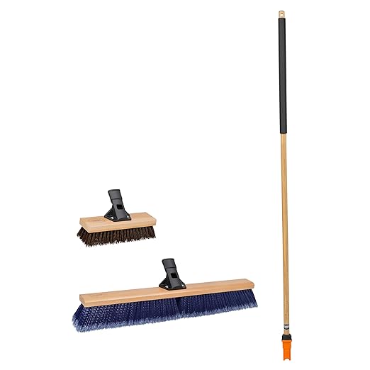 SWOPT 10" Rough Surface Deck Brush, 24" Multi-Surface Push Broom + 60" EVA Foam Comfort Grip Wooden Handle, Broom Kit Combo — 2 Cleaning Heads and Long Handle Interchangeable with SWOPT Cleaning Head