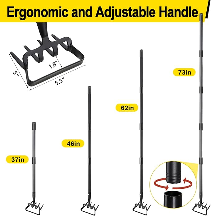 Garden Hoe, Cultivator Stirrup Hoe Garden Tool for Weeding, 73 Inch Heavy Duty Hula Hoe with Adjustable Long Handle, Scuffle Loop Hoe with Rake 2-in-1 Gardening Tool for Loosening Pulling Weed