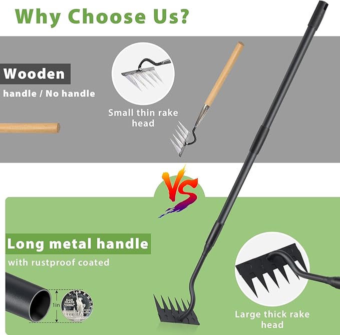 Manual Weeder Tool,6 Tines Garden Weeding Rake with Sharp Blade,55 Inch Long Handle,Heavy Duty Stand Weeding Tool for Weeding Loosening Soil Gathering Leaf Leveling Thatch Rake