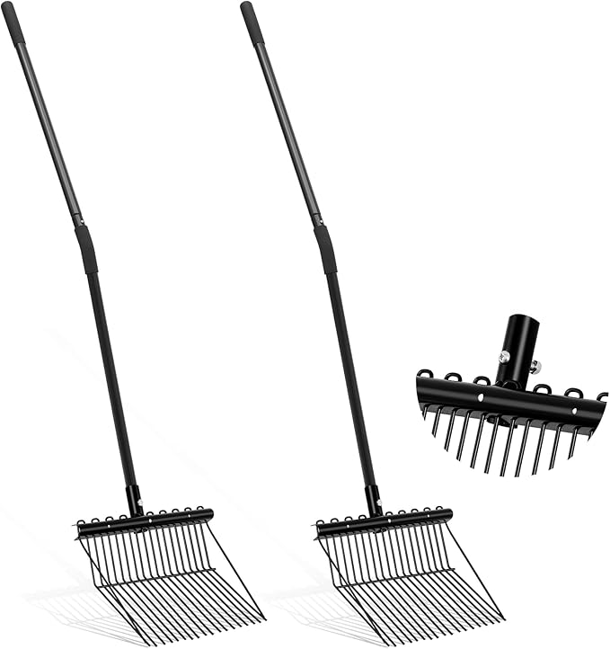 Lasnten 2 Set Pitch Fork Manure Fork with Long Handle Pitchfork Muck Rake Tool for Gardening Horse Stall Stable Grass Hay Cleaning Farm Work (Metal Head)